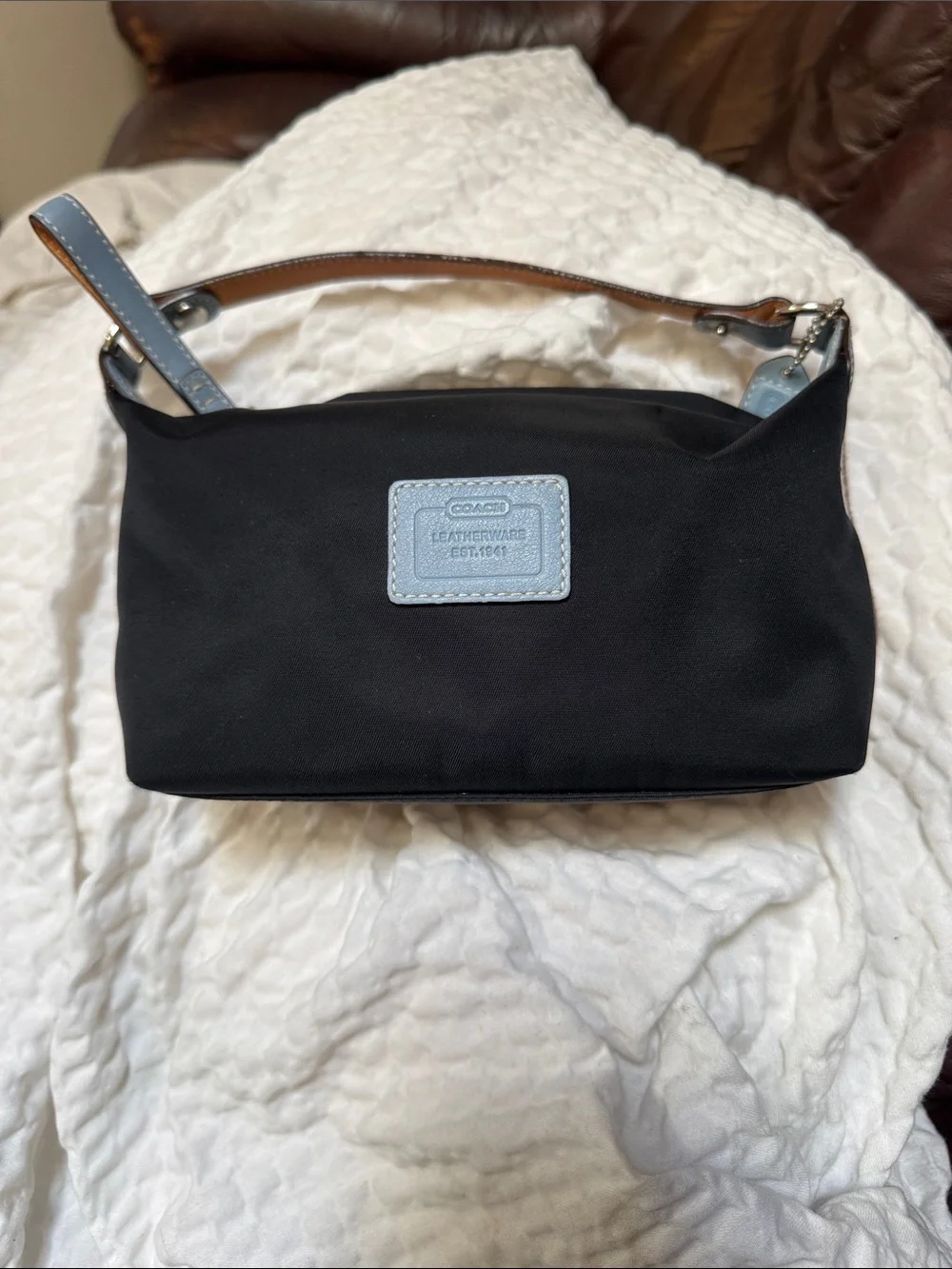 Vintage COACH Black Nylon Mini Bag with Light Blue Leather Trim